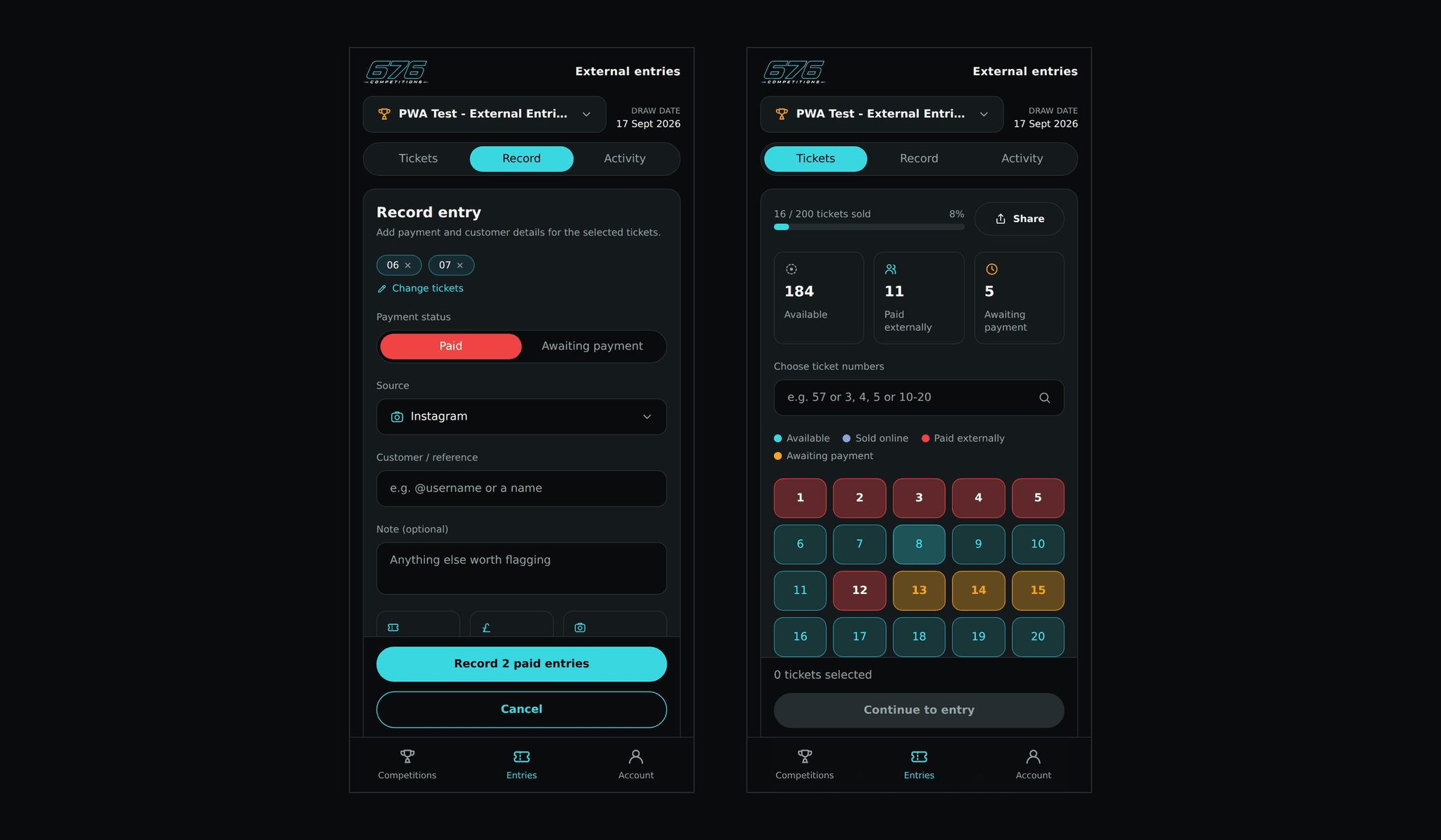 676 Companion: the staff app for recording sales made outside the website, showing the ticket grid and the record-entry form with Instagram as the source