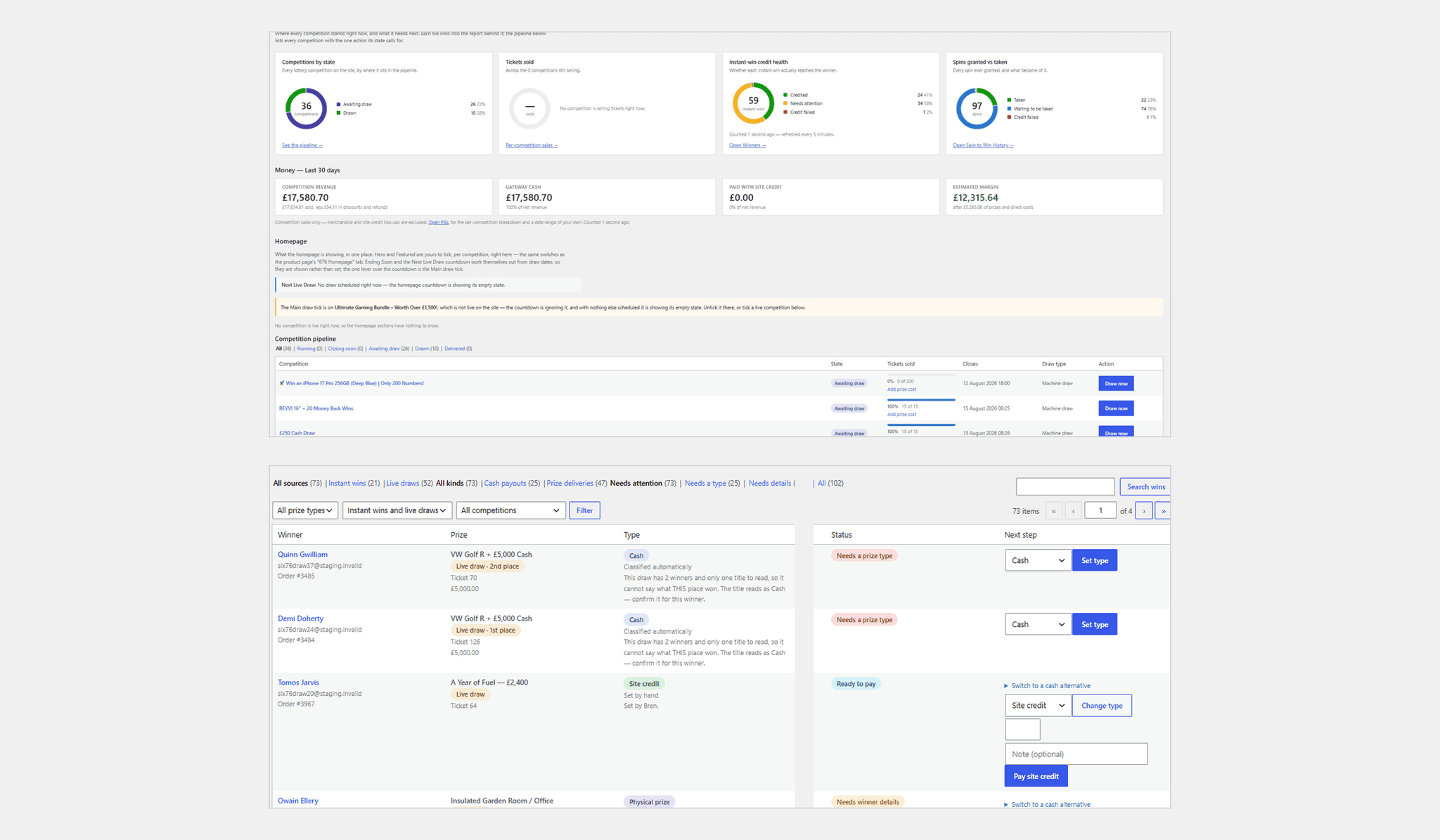 The 676 Competition Suite console: the overview dashboard showing competition pipeline, revenue and instant-win credit health, and the prize fulfilment queue showing every winner queued by prize type and payout status